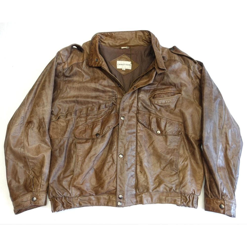 Charles Klein Leather Jacket Mens XL Brown Bomber Full Zip Vintage Korea Lined
